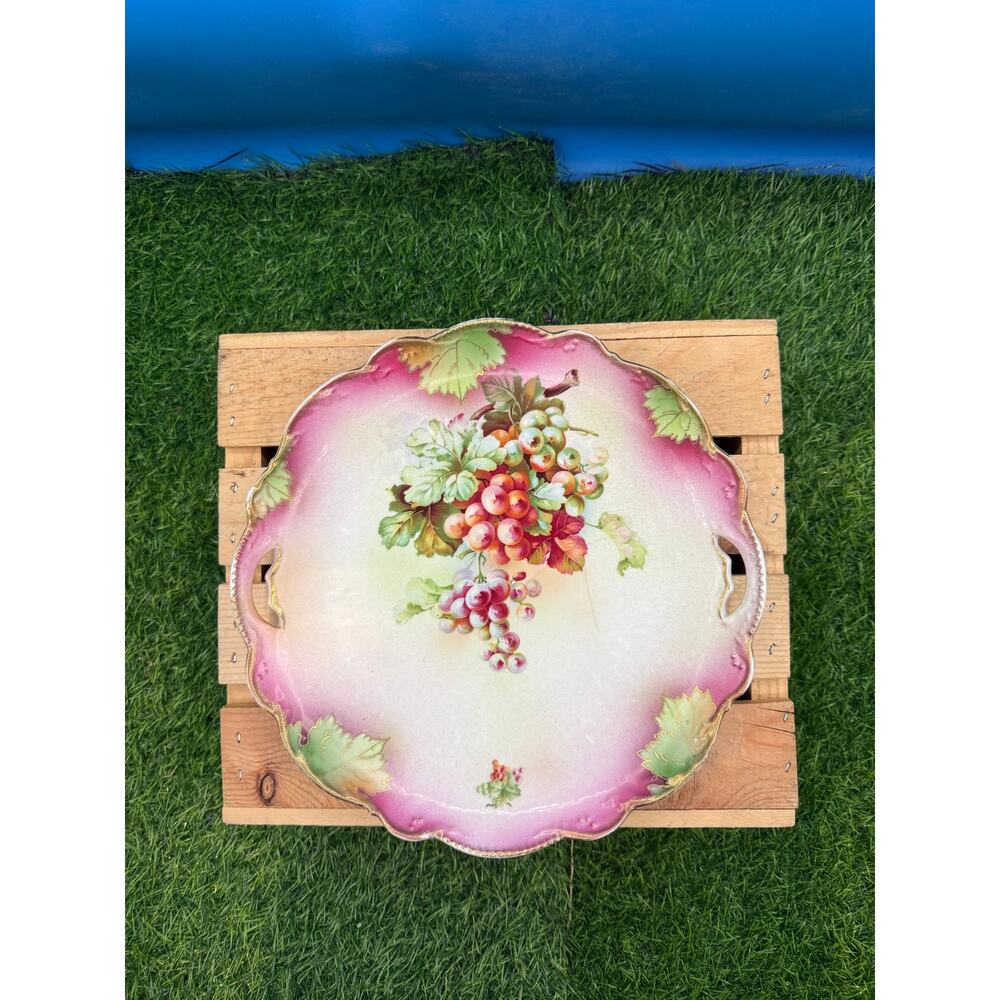 Antique Hand-Painted Porcelain Dessert Plate - (10" Grapes & Floral)